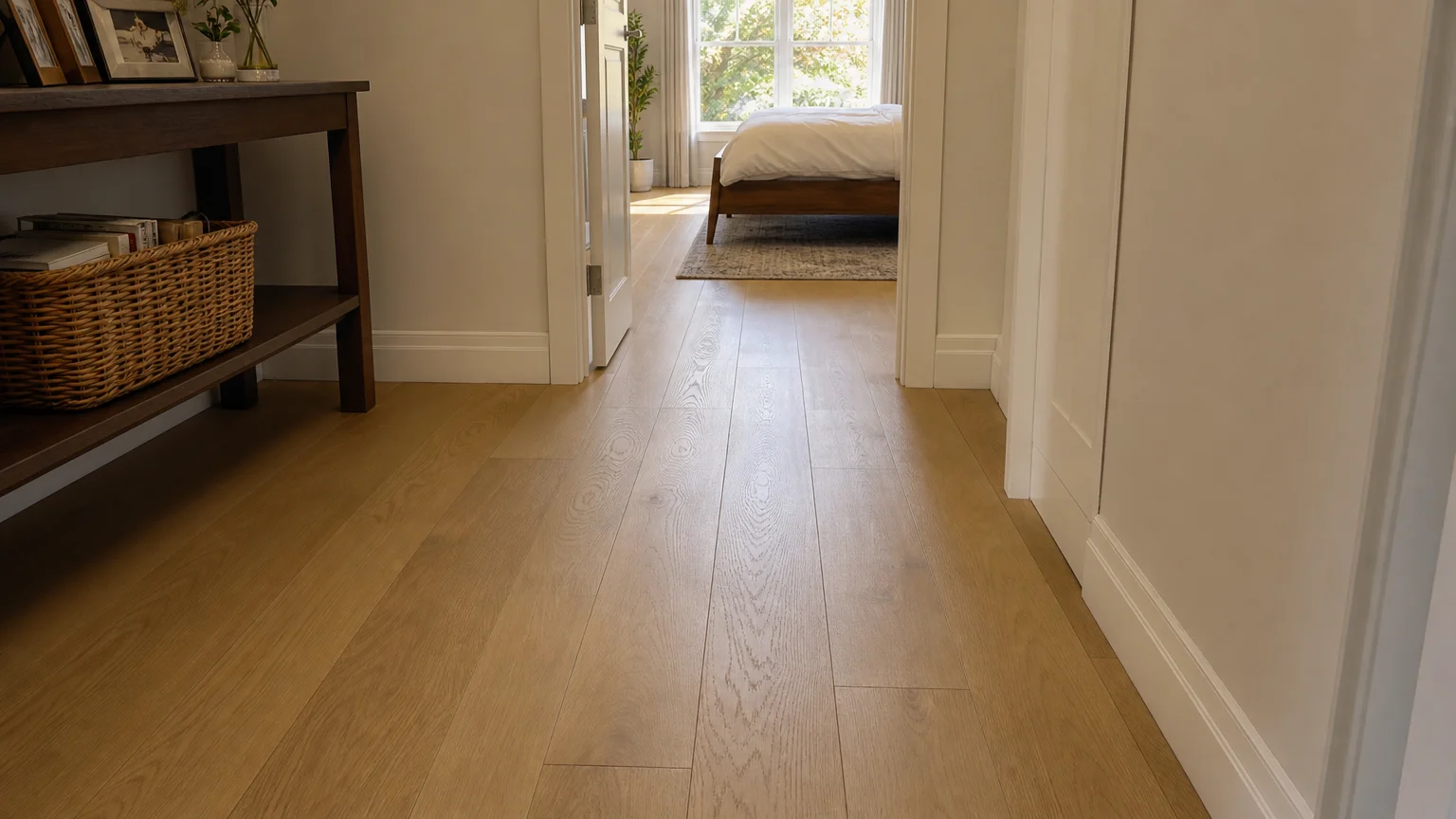 A low-angle shot of continuous light oak floorboards running seamlessly through an open doorway without any thresholds.