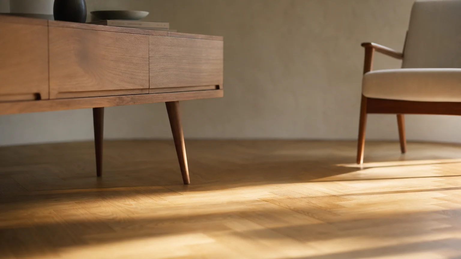 A low-angle shot of mid-century modern furniture with slender legs, showing light and space flowing underneath.