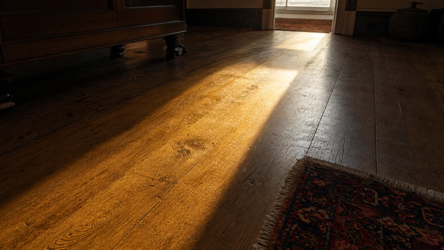 A low-angle shot of wide-plank oak floors with a beam of sunlight and the corner of a colorful rug.