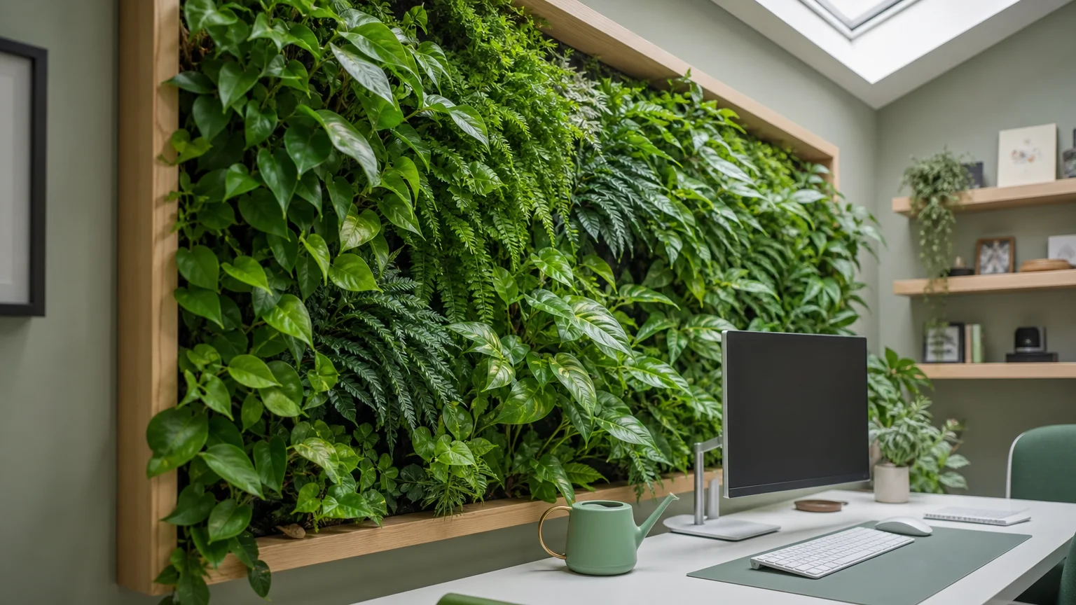 A lush vertical garden of green plants covering a wall behind a modern white desk in a home office.
