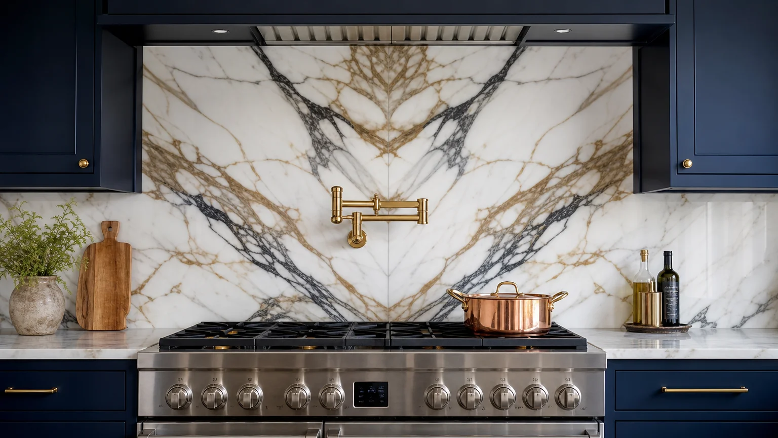 A luxurious bookmatched Calacatta marble slab backsplash with dramatic grey veining behind a professional stove.