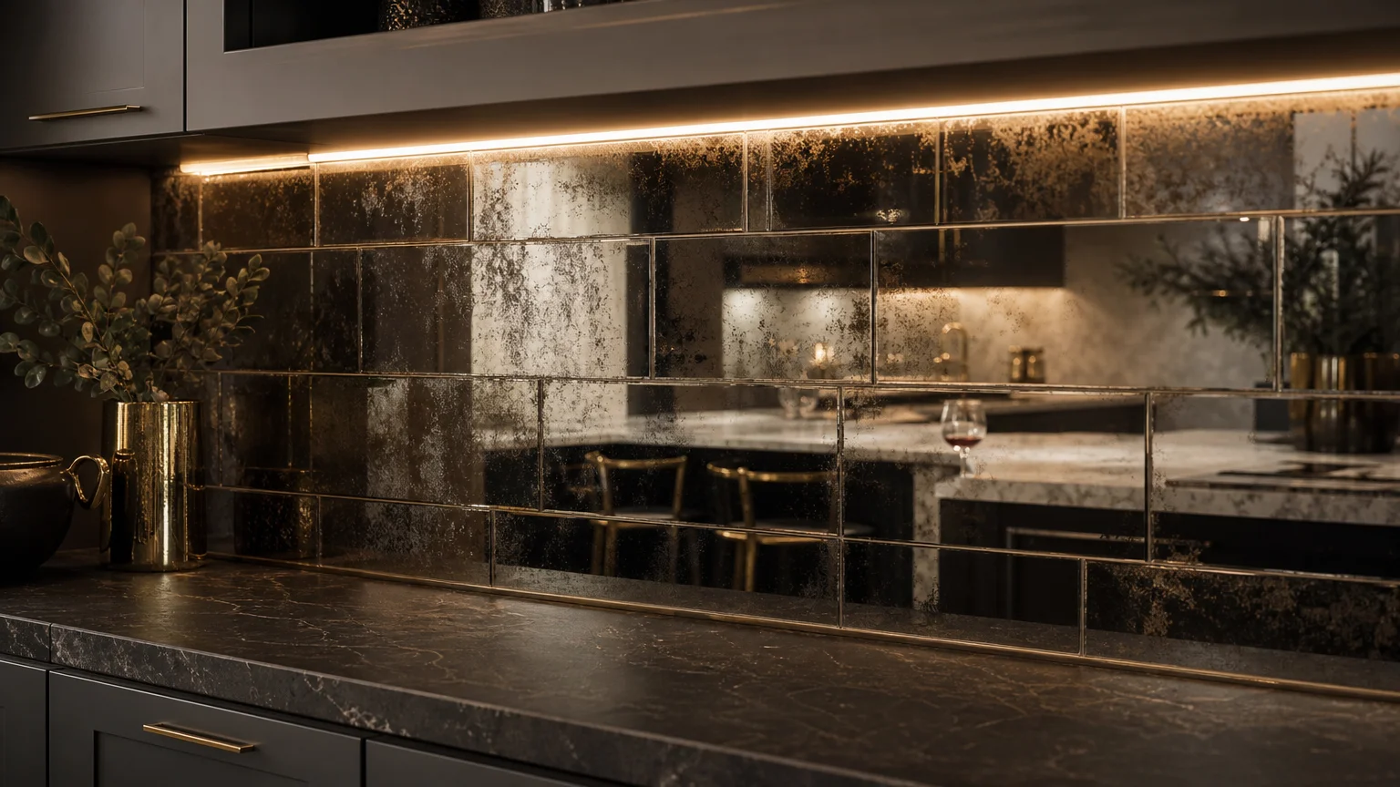 A luxurious kitchen backsplash made of antiqued mirrored tiles, reflecting warm under-cabinet lights and brass accents.