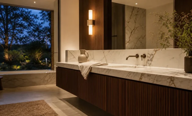 A luxury bathroom featuring a fluted walnut vanity and marble countertop in a high-end architectural setting.