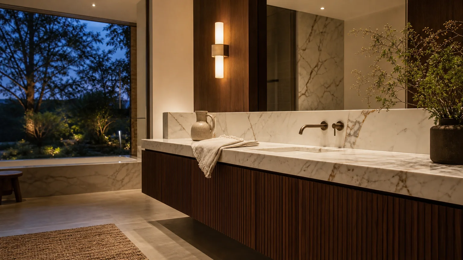A luxury bathroom featuring a fluted walnut vanity and marble countertop in a high-end architectural setting.