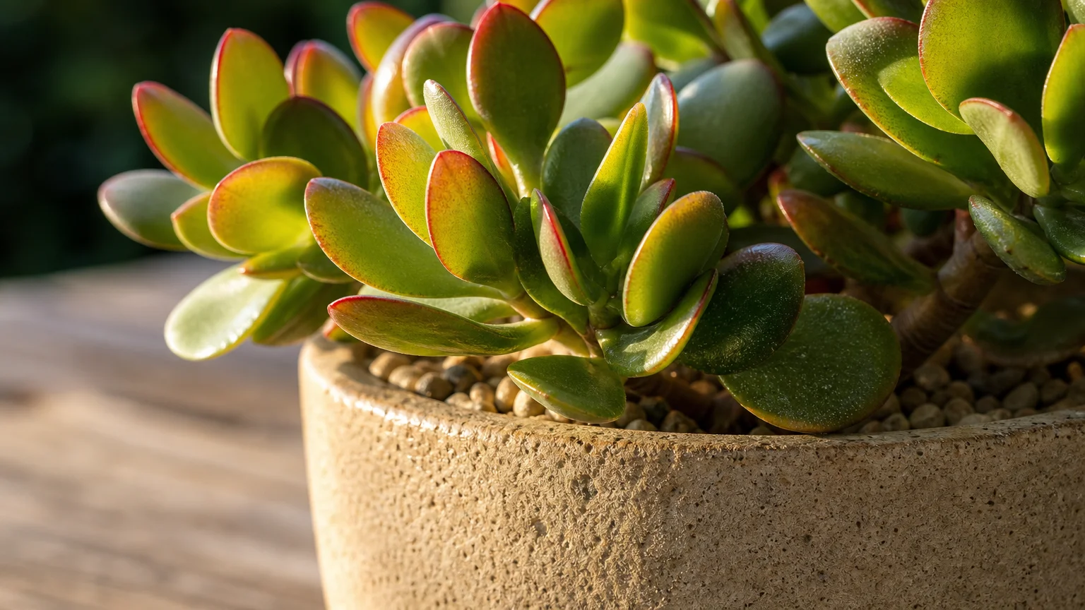A macro photograph of thick, glossy green jade plant leaves with red edges in a sandy ceramic pot.