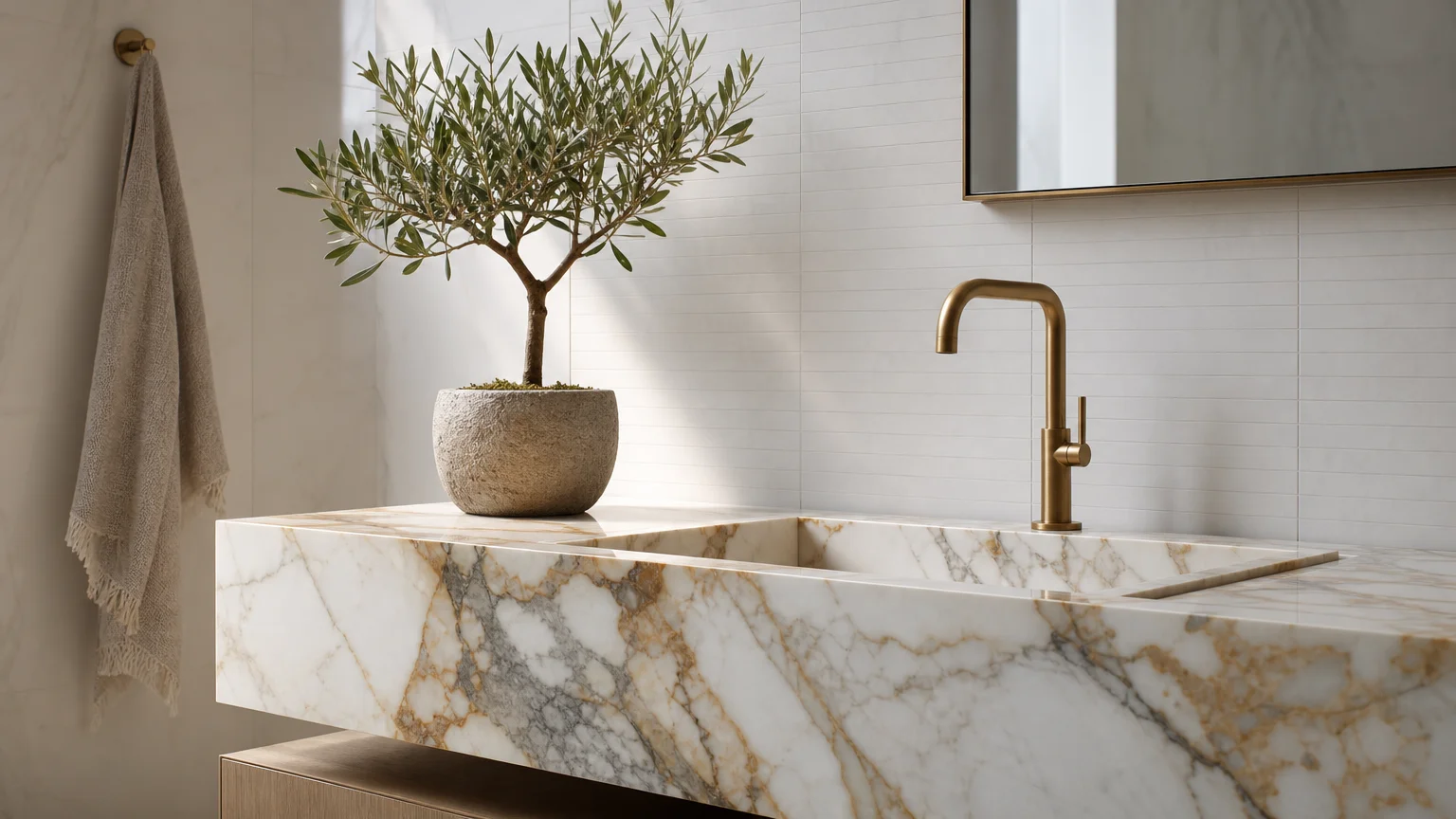 A marble bathroom vanity with gold veining and a small green plant, showing the use of natural stone as a statement piece.