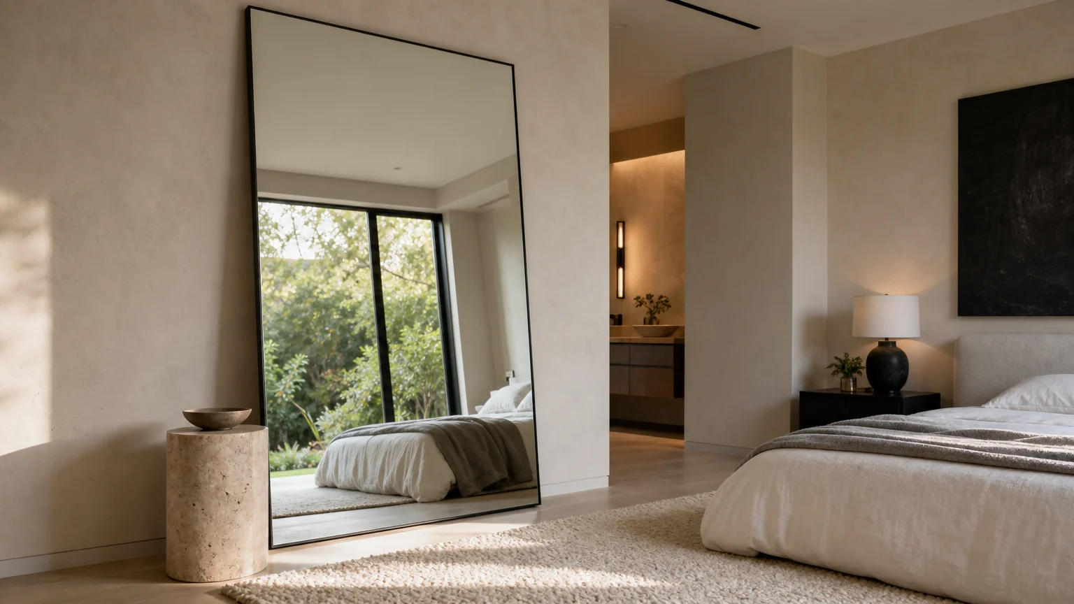 A massive rectangular floor mirror with a thin black metal frame leaning against a plaster wall next to a stone pedestal.