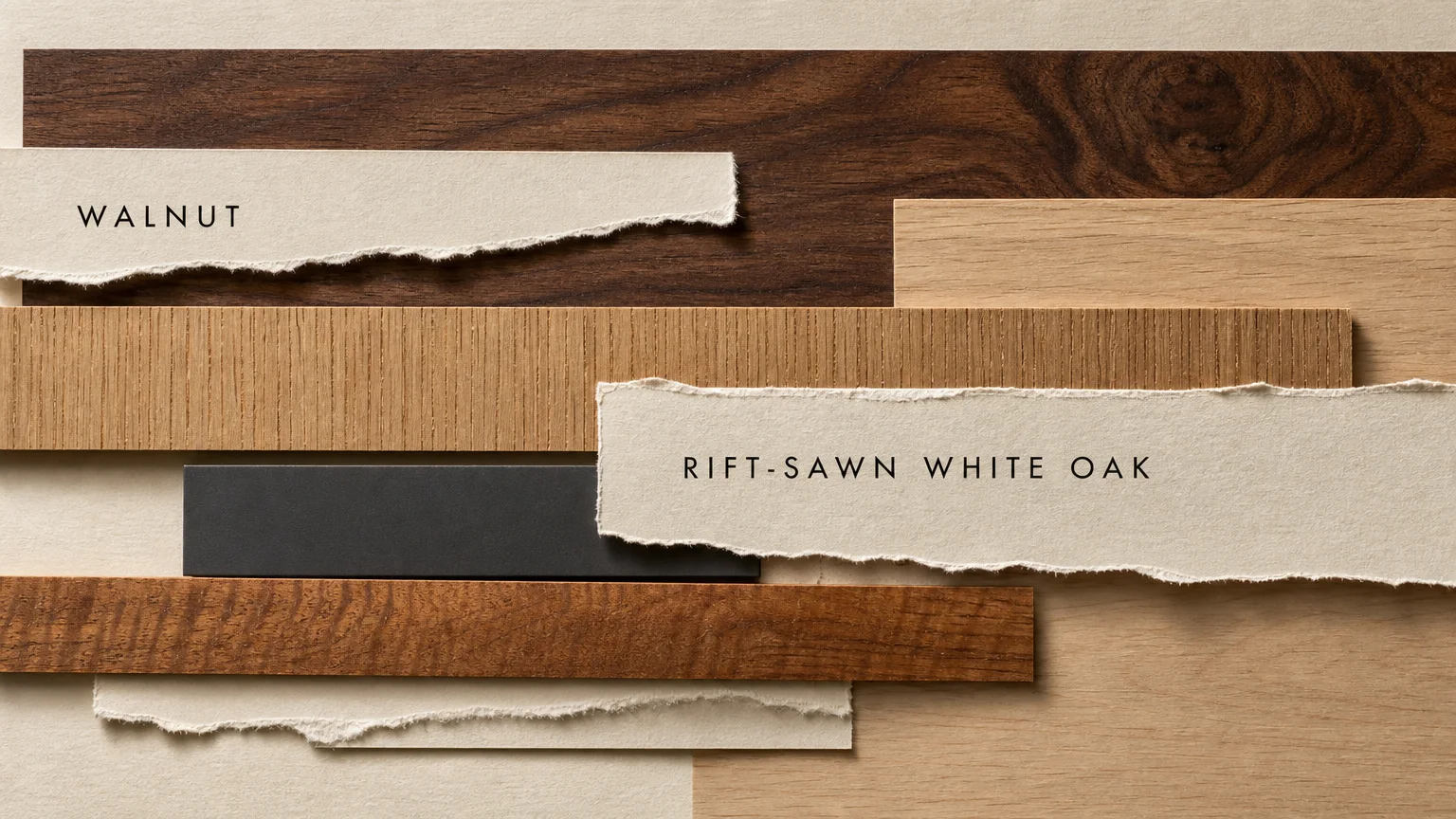 A material board collage featuring wood veneer samples of white oak and walnut with clean text labels.