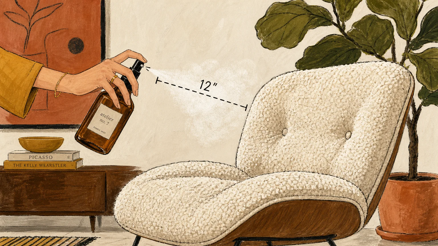 A mid-century modern gouache illustration showing a hand spritzing a cream boucle chair with a mist bottle from a marked 12-inch distance.