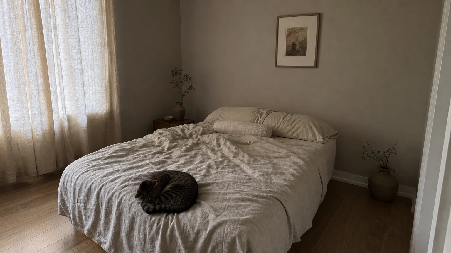 A minimalist, clutter-free bedroom with soft greige walls, light linen sheets, and gentle morning light.
