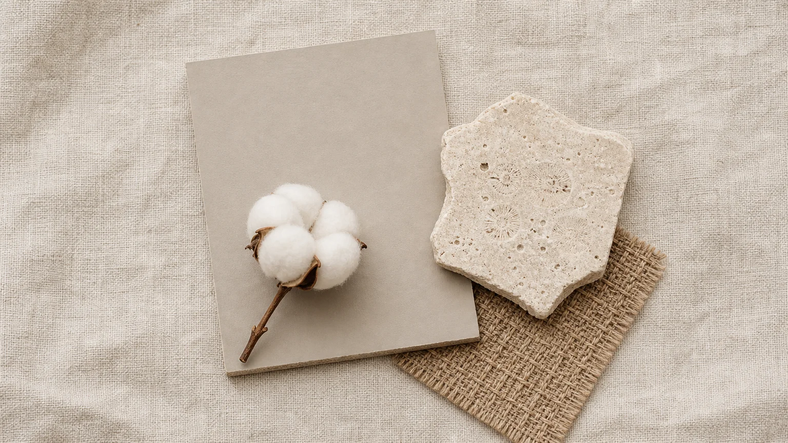 A minimalist flat lay with a warm greige paint swatch, a piece of limestone, woven jute webbing, and a dried cotton boll.