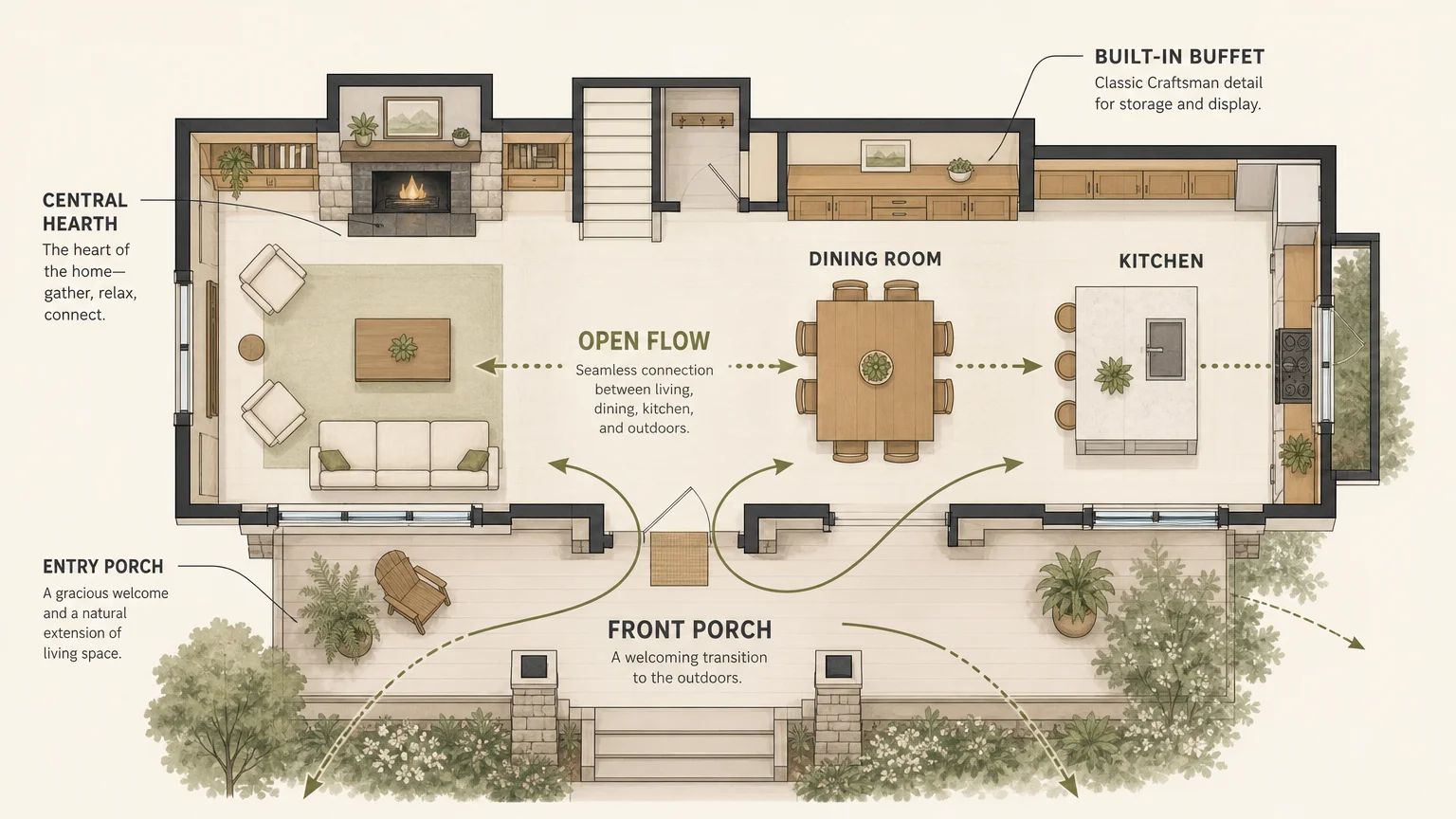A minimalist floor plan diagram showing the open flow between the living room, dining room, and porch.