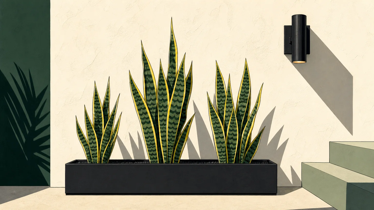 A minimalist graphic illustration of three sculptural snake plants in a black metal planter against a cream wall.