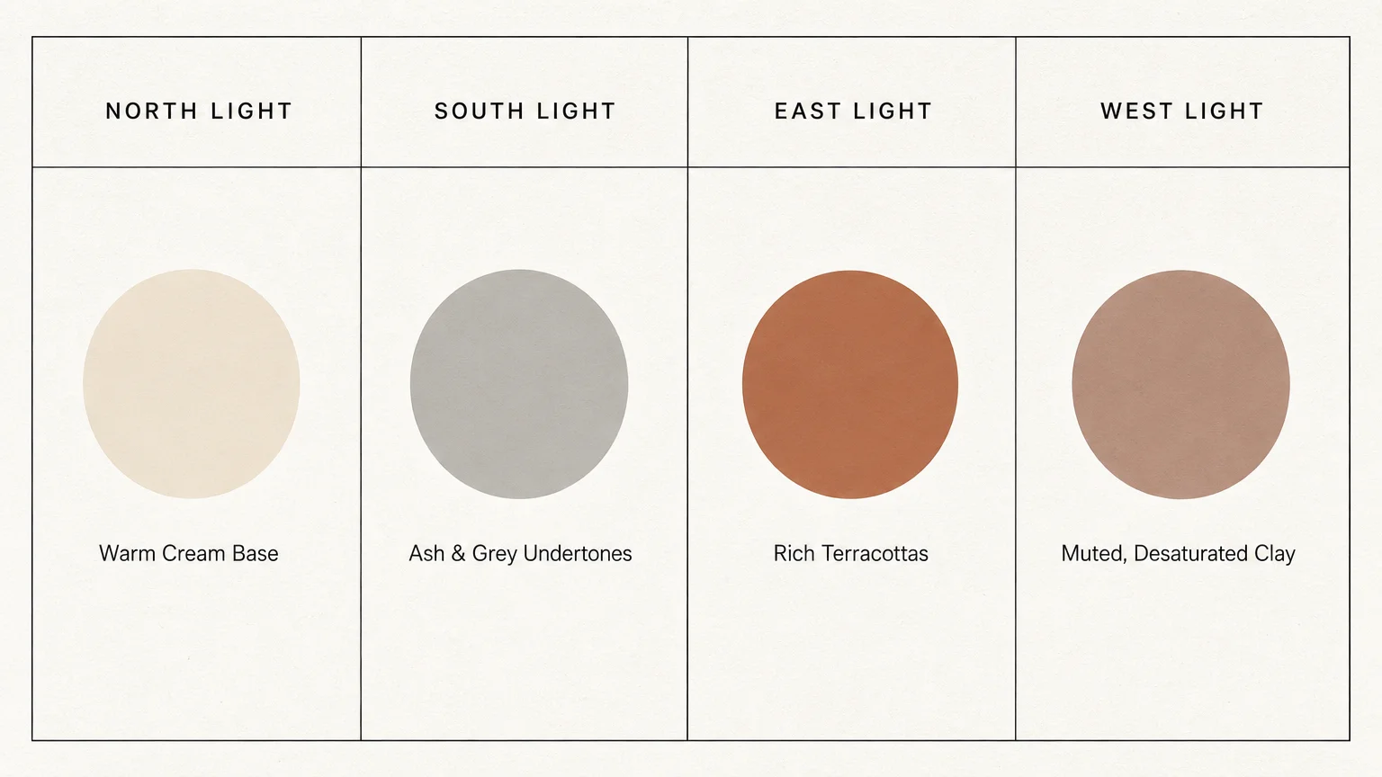 A minimalist grid diagram mapping home window orientations to recommended warm and cool paint undertones.