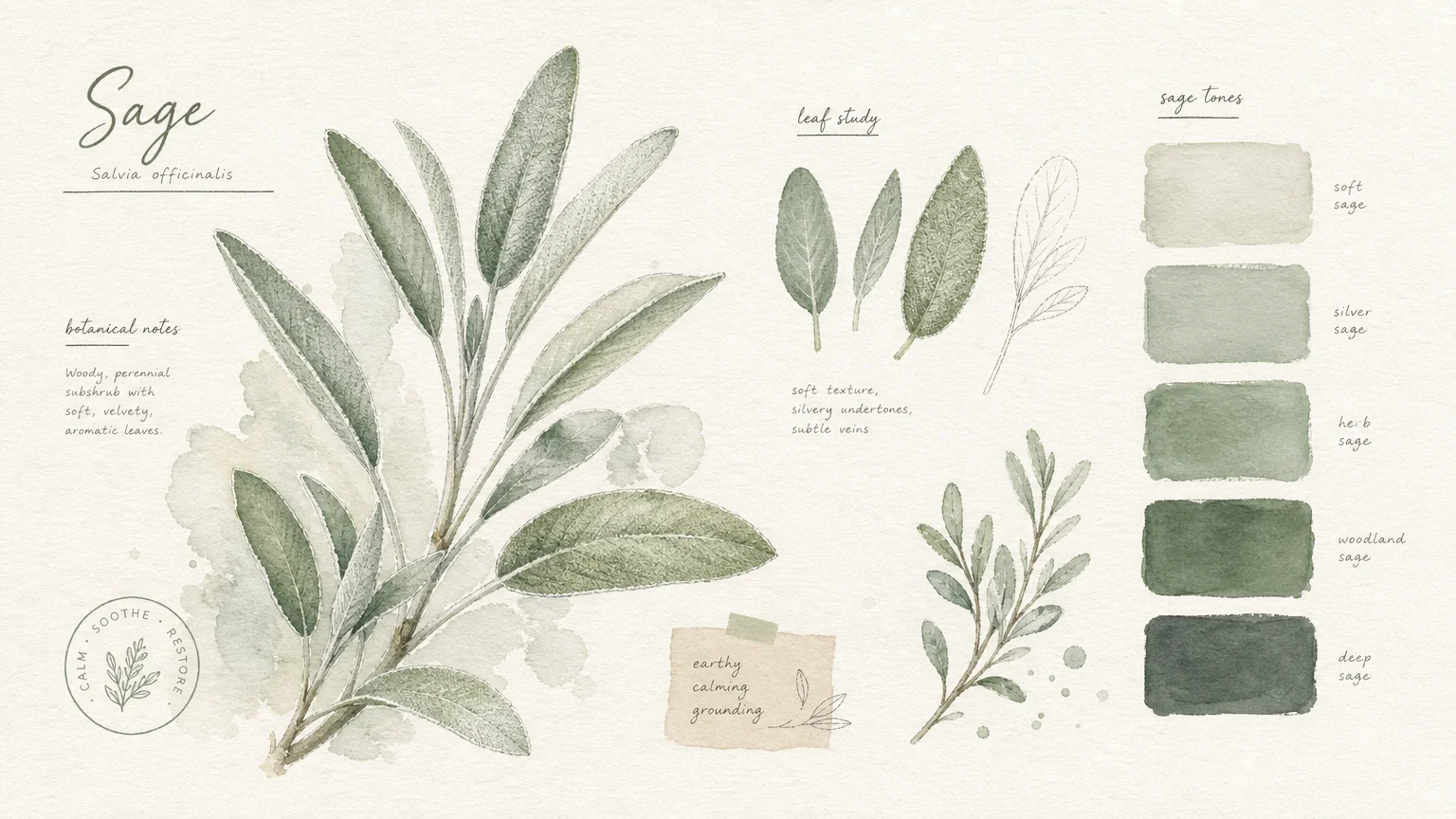 A modern botanical illustration featuring watercolor sage leaves alongside painted gouache color swatches on textured paper.