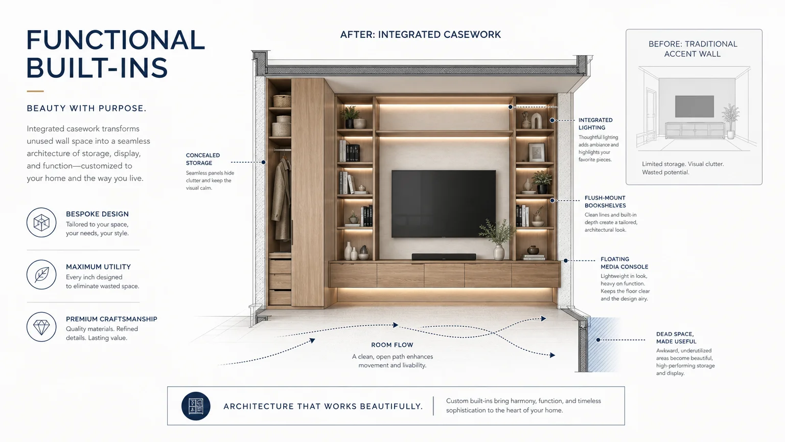 A modern diagram showing integrated built-in shelving and storage as an alternative to a painted accent wall.