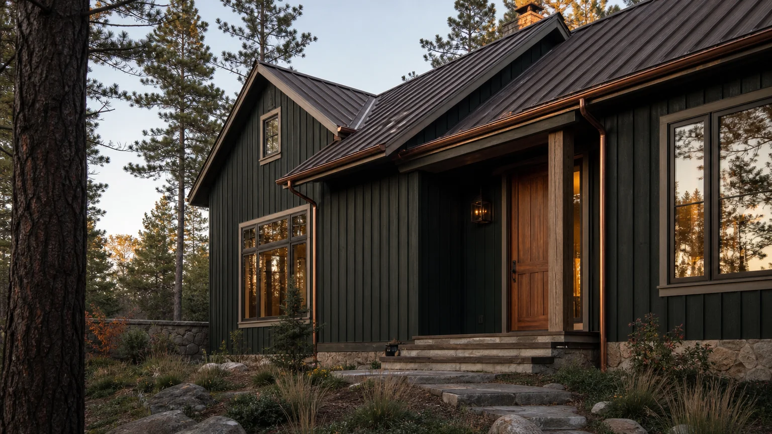 A modern home with deep forest green siding and a walnut door, nestled in a pine forest with mushroom-colored trim.