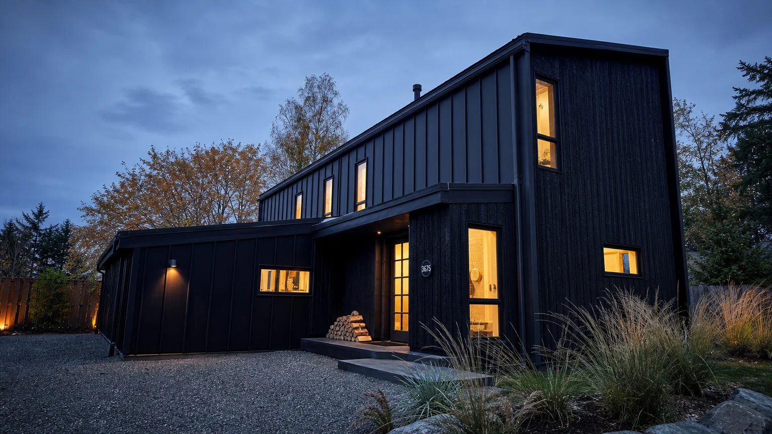 A modern house with matte midnight blue-black siding at twilight with warm light in the windows.