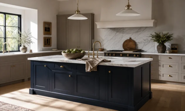 A modern kitchen featuring a dark blue island, warm mushroom-gray cabinets, white marble countertops, and soft morning sunlight.