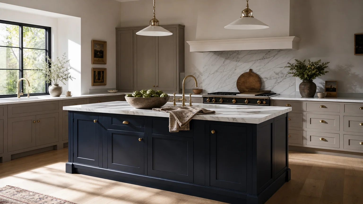 A modern kitchen featuring a dark blue island, warm mushroom-gray cabinets, white marble countertops, and soft morning sunlight.