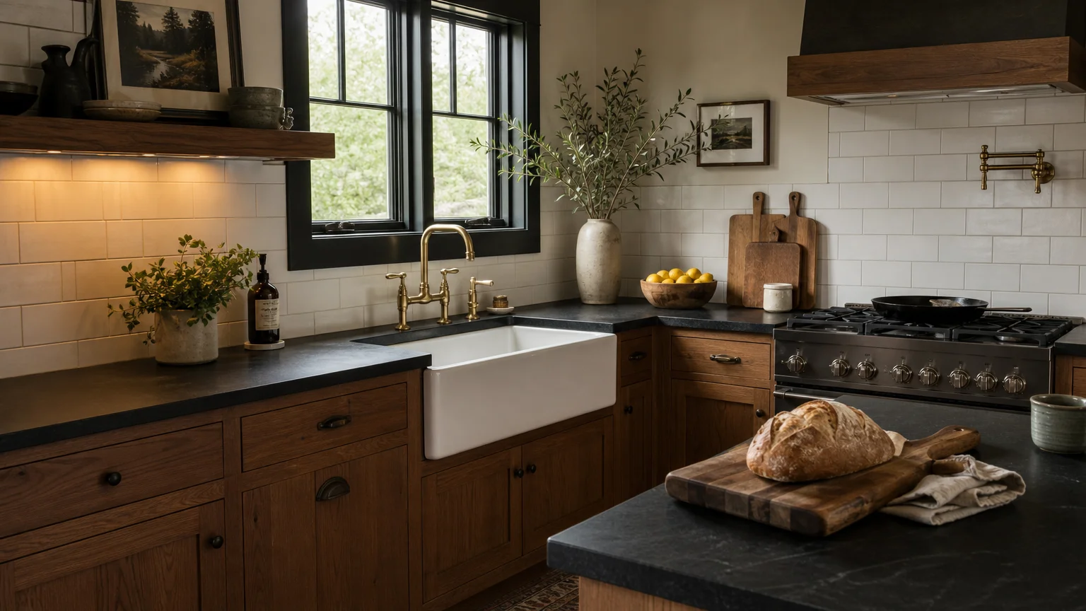 A modern kitchen with oak cabinets, soapstone countertops, a farmhouse sink, and a loaf of bread on a cutting board.