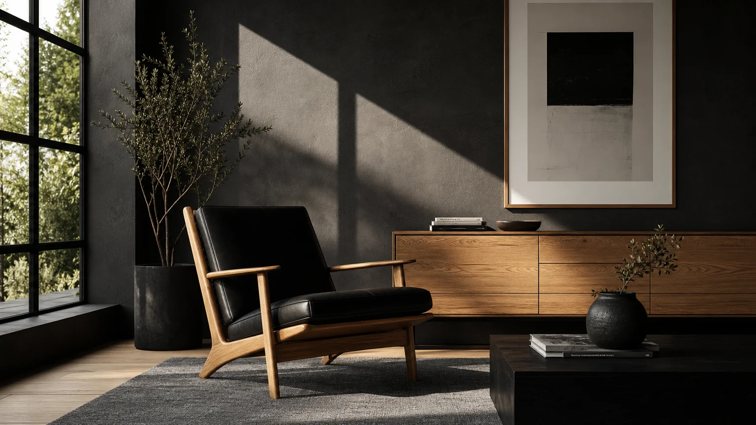 A modern room with a matte charcoal gray wall, featuring sharp afternoon sunlight cutting across the space onto an oak lounge chair.