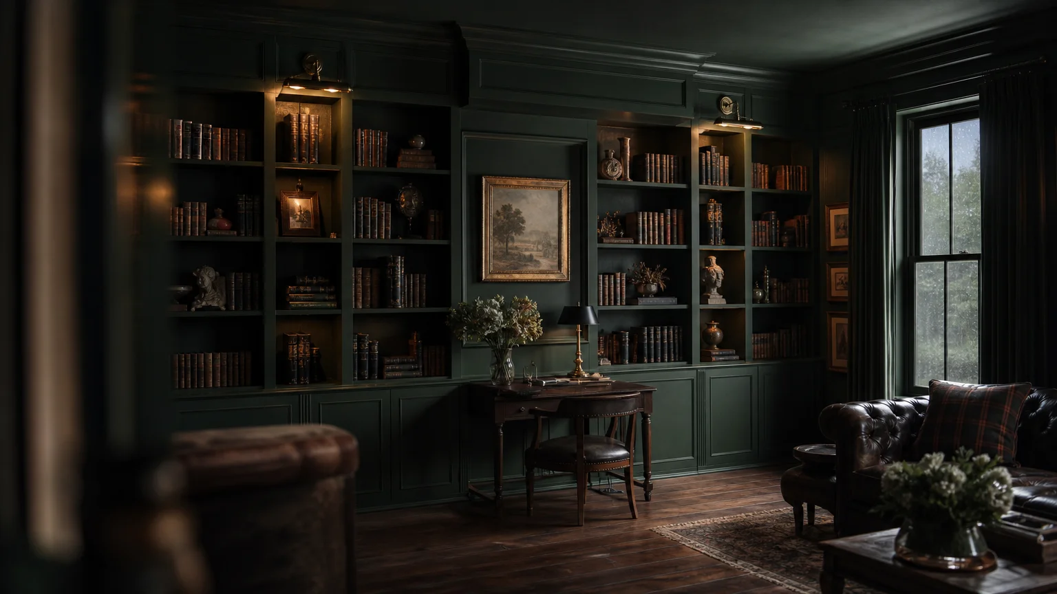 A moody home library with walls and built-ins painted deep forest green, accented by warm brass lamps and leather books.