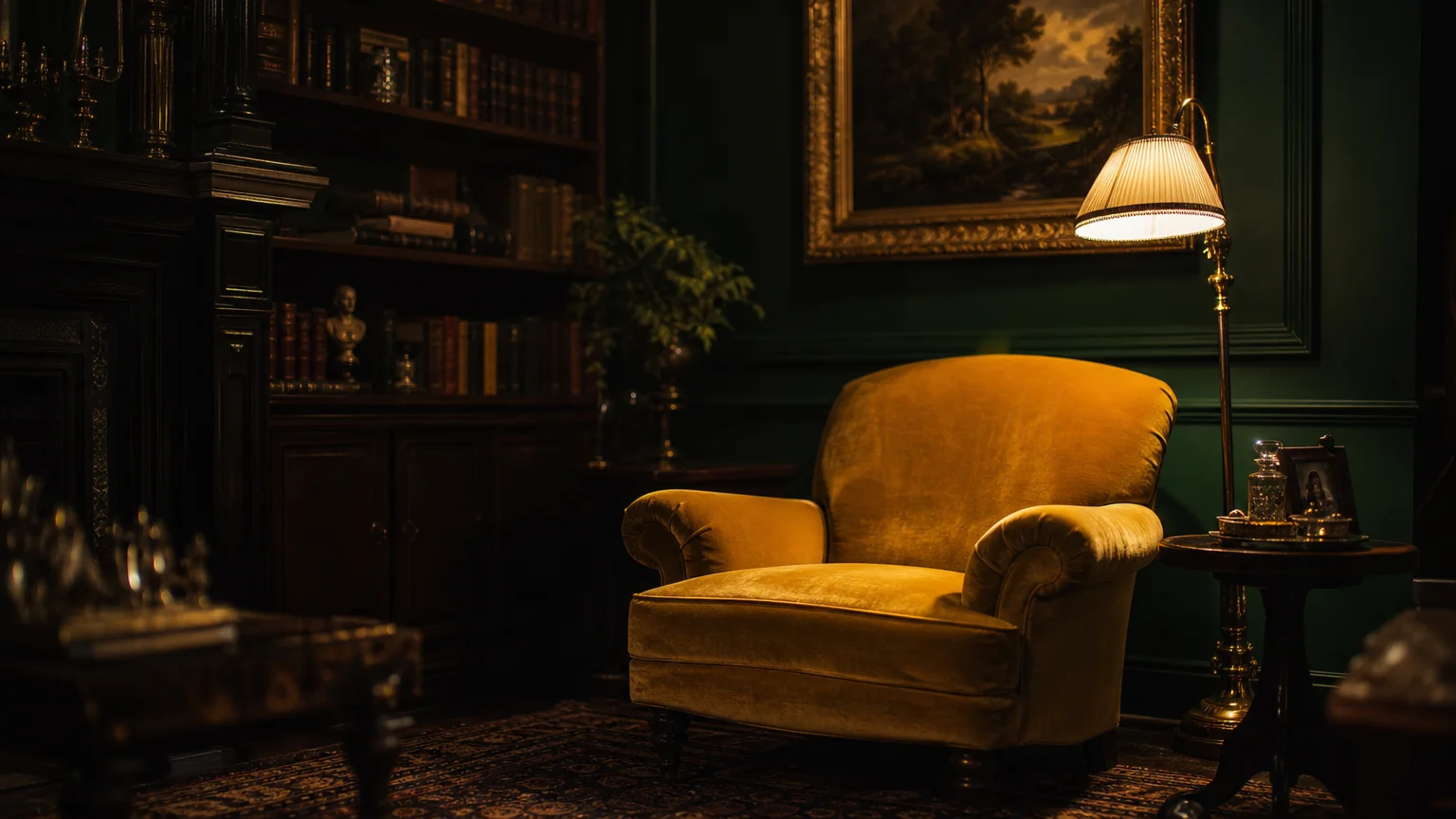 A moody Victorian room with deep emerald green walls, a mustard velvet armchair, and warm brass lighting.