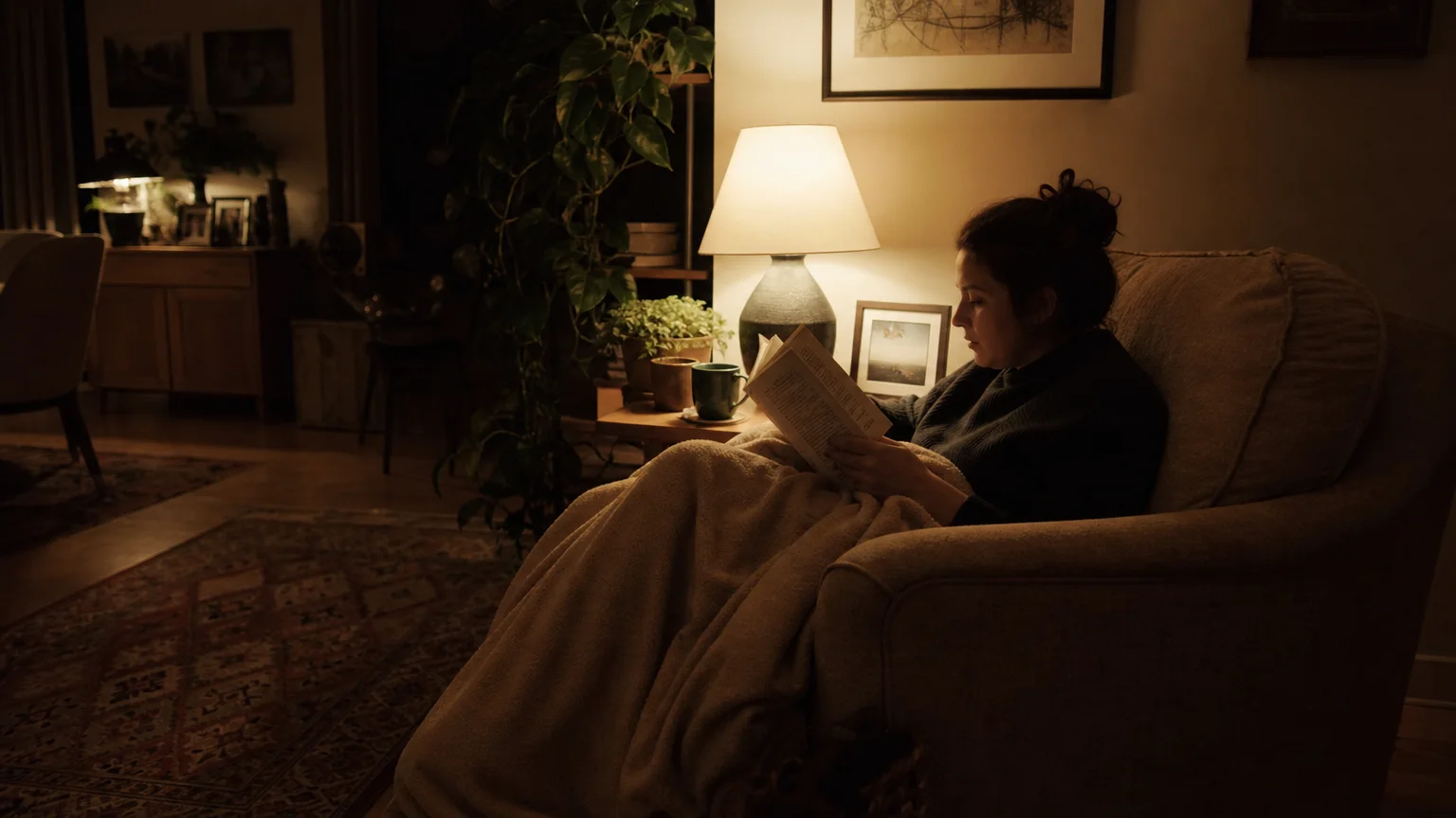 A person relaxing in a cozy, well-designed living room lit by a warm lamp in the evening.