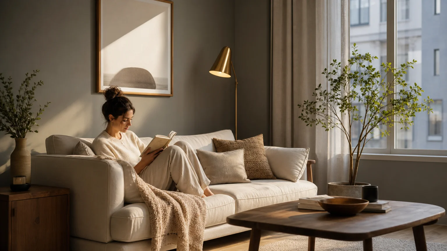 A person relaxing on a sofa in a small, beautifully designed apartment that feels spacious, cohesive, and serene.