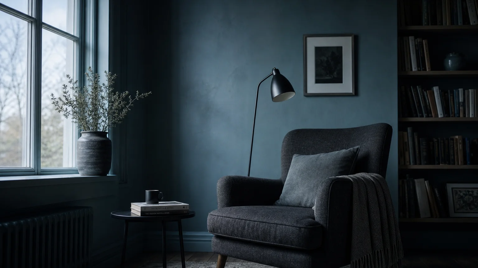 A reading nook with a dusty blue-grey wall illuminated by cool northern light from an adjacent window.
