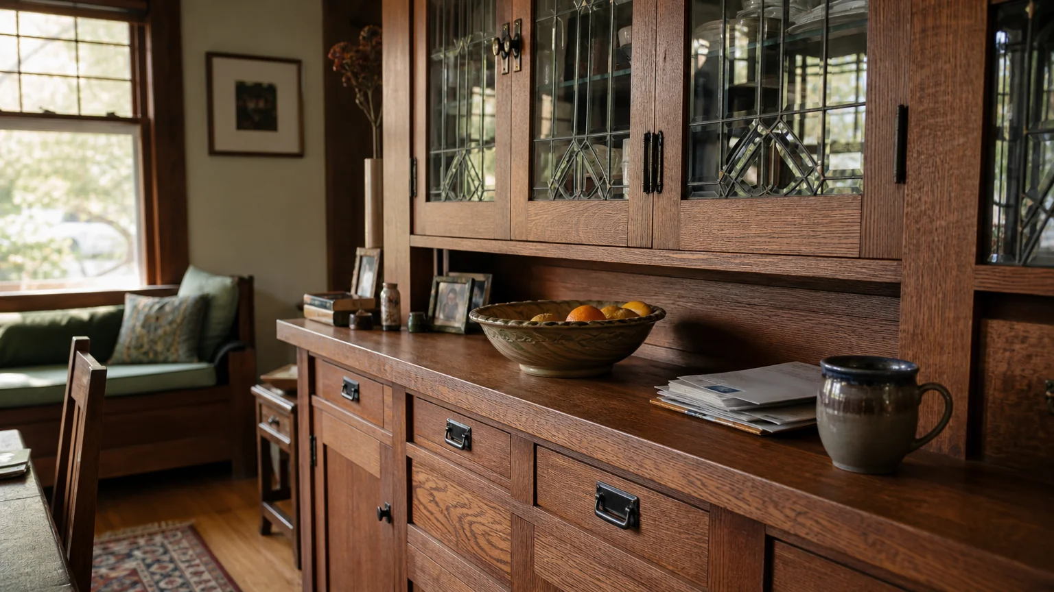 A real-life view of a built-in oak buffet in a dining room with books and a coffee mug on the counter.