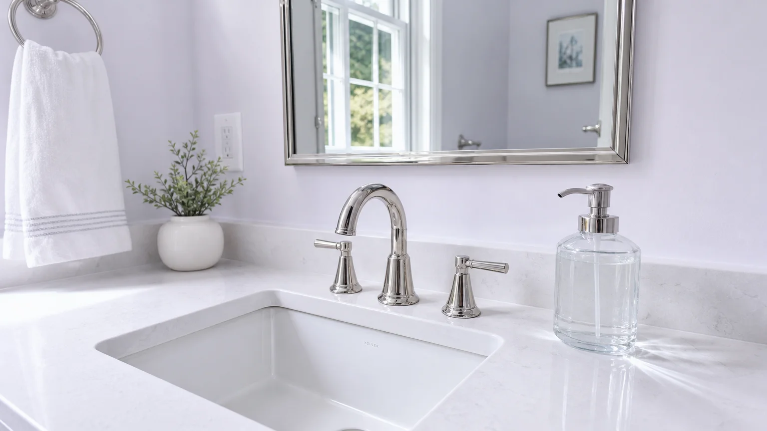 A reflective polished nickel faucet on a white quartz counter, set against a very pale, cool lavender wall.