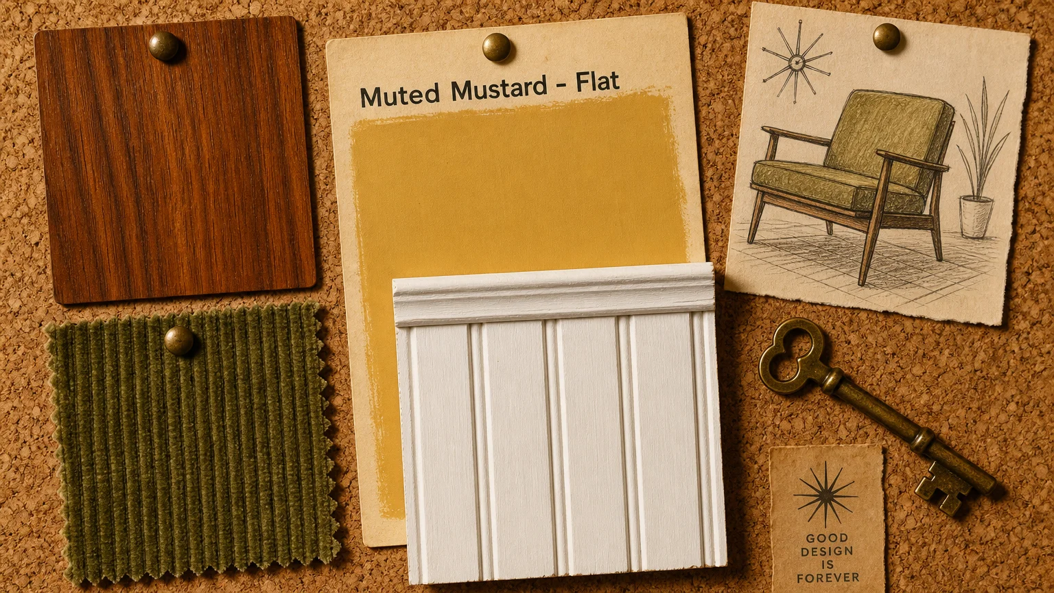 A retro-themed flatlay mood board with a 'Muted Mustard' paint swatch, white beadboard trim, teak wood, and olive green corduroy.