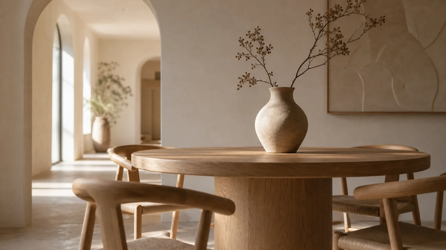 A round wooden dining table in a room featuring a soft arched doorway, emphasizing organic and curved shapes.