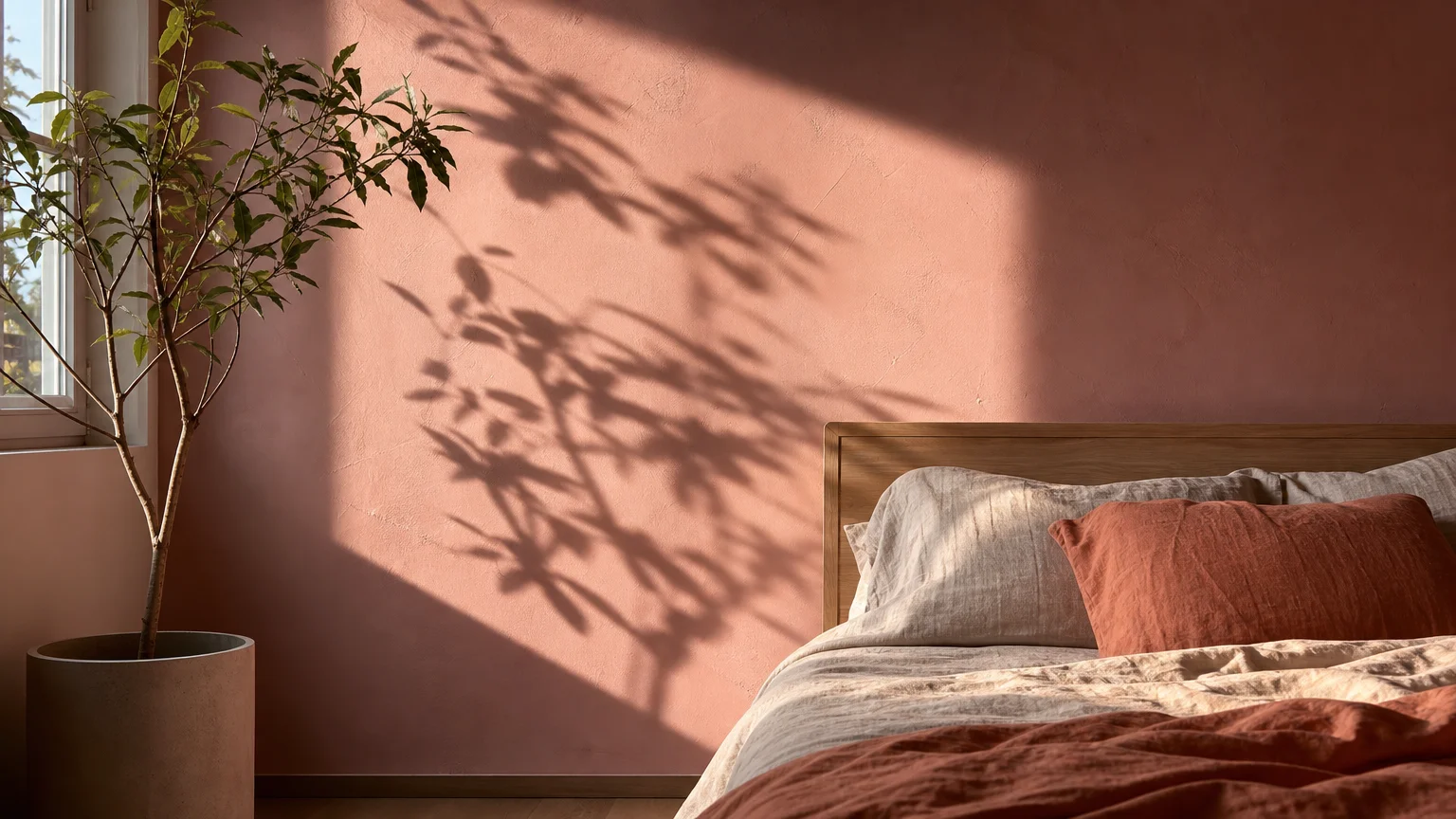 A serene bedroom featuring a dusty plaster pink wall with soft afternoon sunlight casting shadows of a houseplant.