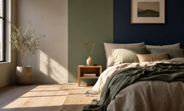 A serene bedroom with a color-blocked wall of sage green, midnight blue, and greige, featuring rumpled linen bedding in warm sunlight.