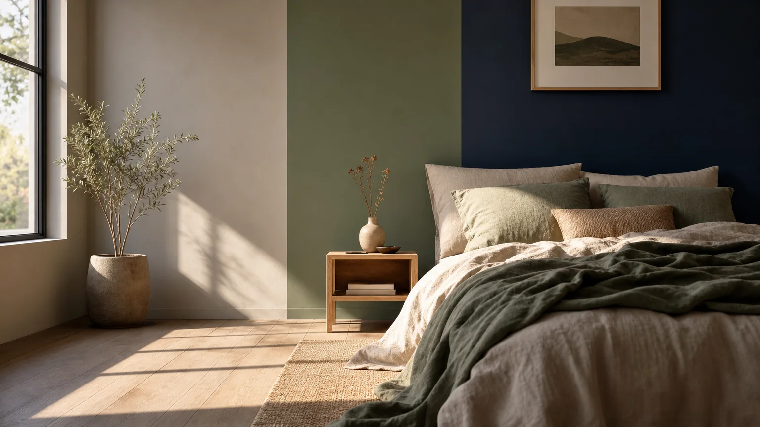 A serene bedroom with a color-blocked wall of sage green, midnight blue, and greige, featuring rumpled linen bedding in warm sunlight.