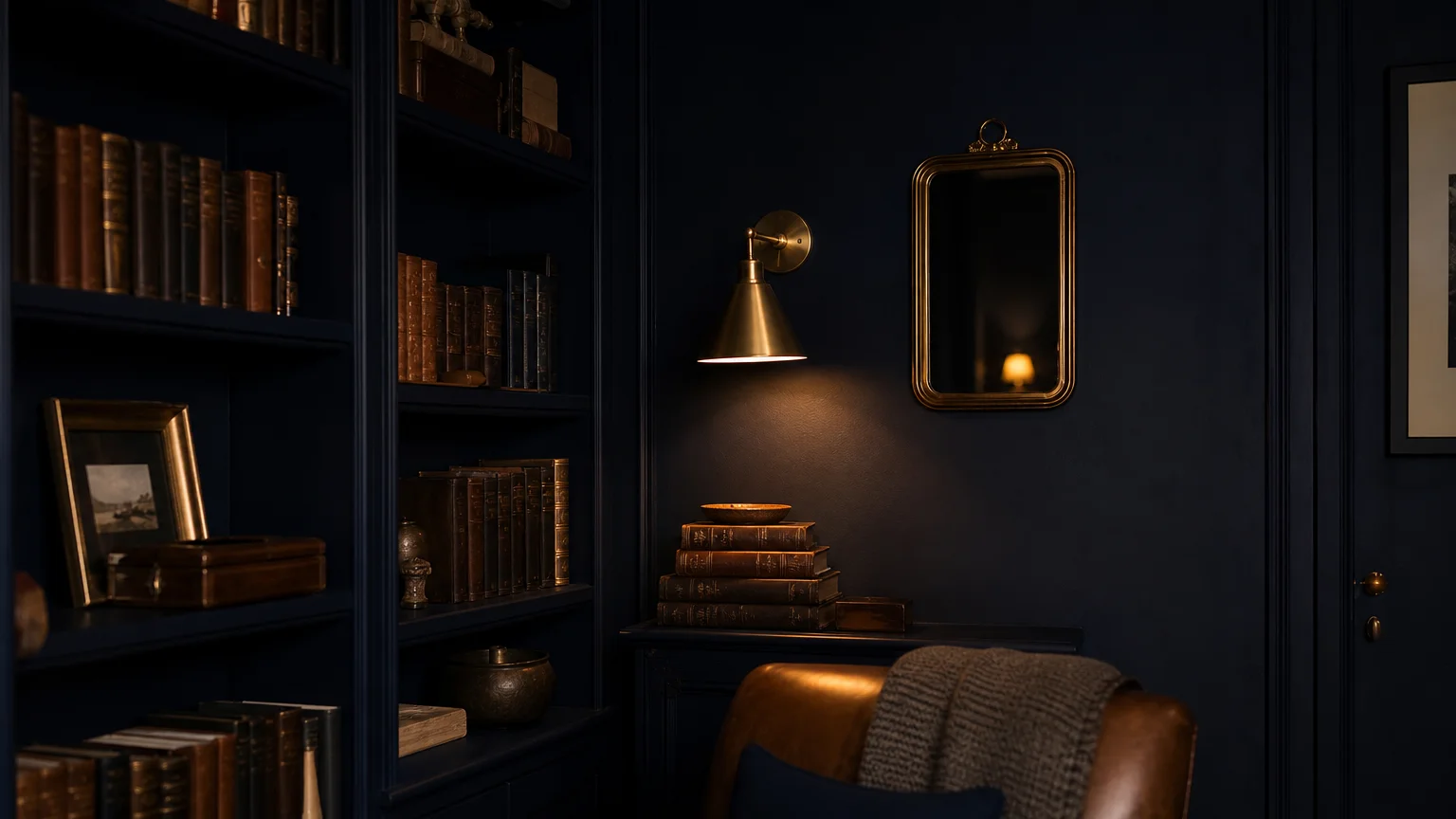 A small library nook painted in deep midnight blue with a glowing brass sconce casting warm light on bookshelves.