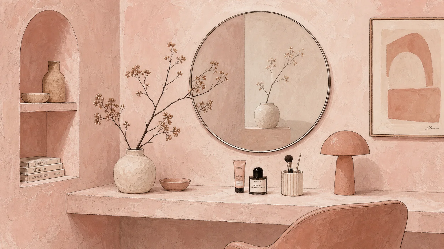 A soft plaster pink and muted blush vanity nook shown in a minimalist gouache illustration with a round mirror and dried branch.