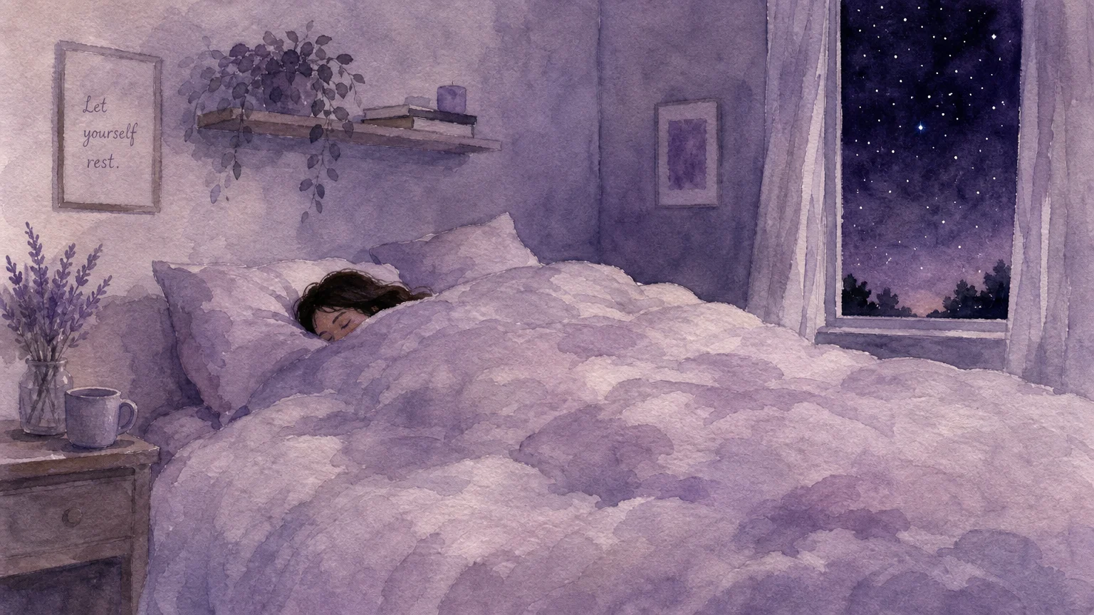A soft watercolor illustration of a person sleeping peacefully under a cloud-like lavender duvet in a matching lavender room.