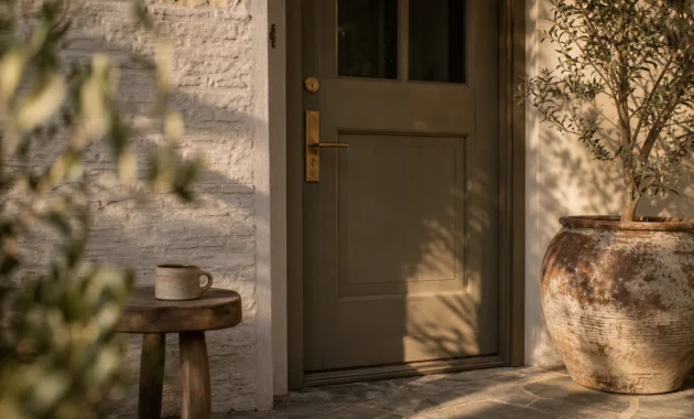 A sophisticated front entryway with a muted earth-toned door, brass hardware, and a large olive tree in a terracotta pot at golden hour.