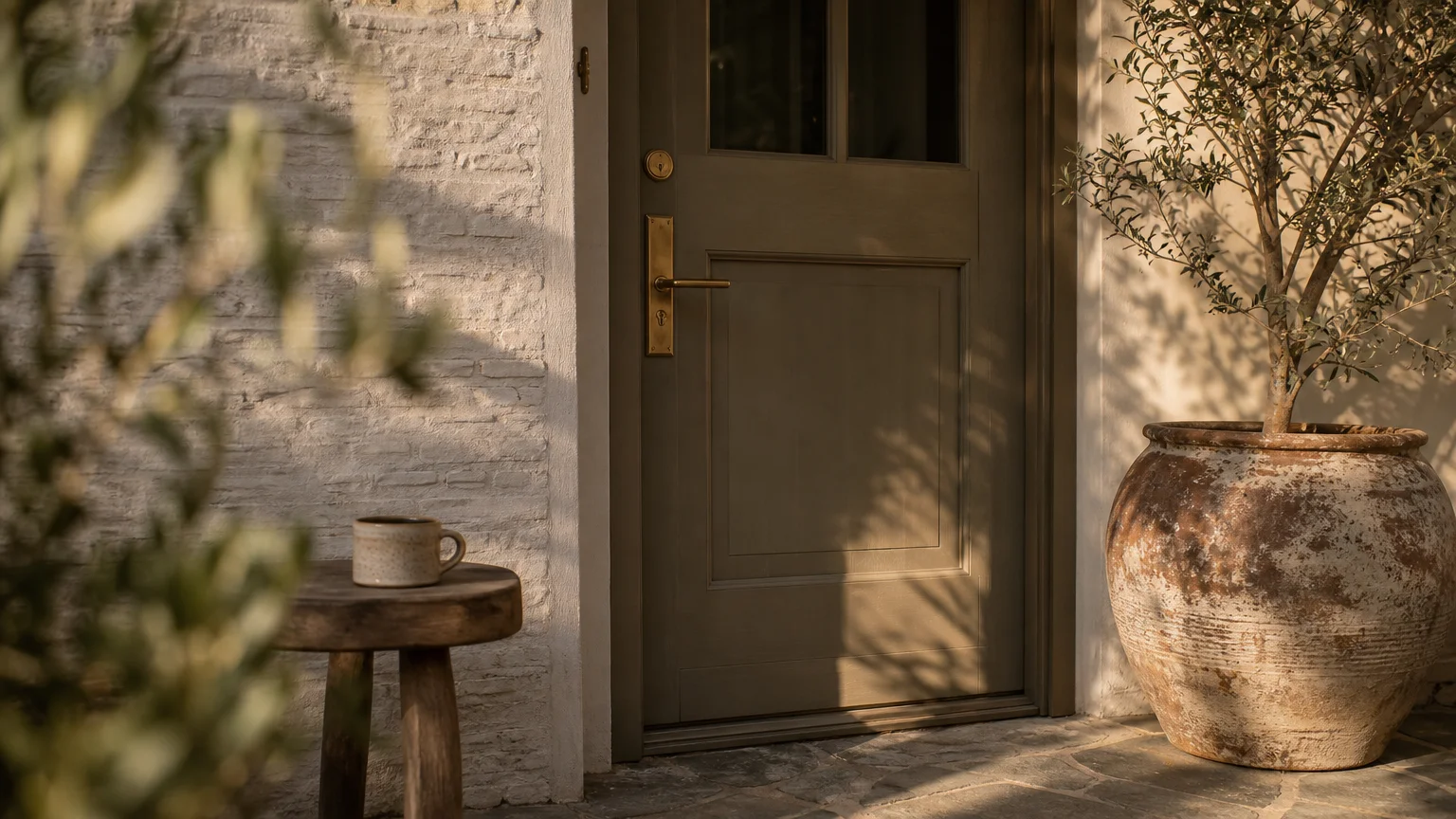 A sophisticated front entryway with a muted earth-toned door, brass hardware, and a large olive tree in a terracotta pot at golden hour.