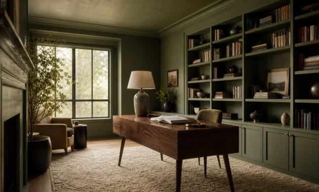 A sophisticated room with muted sage green walls and ceiling, showing a cohesive, monochromatic design with a walnut desk and soft lighting.