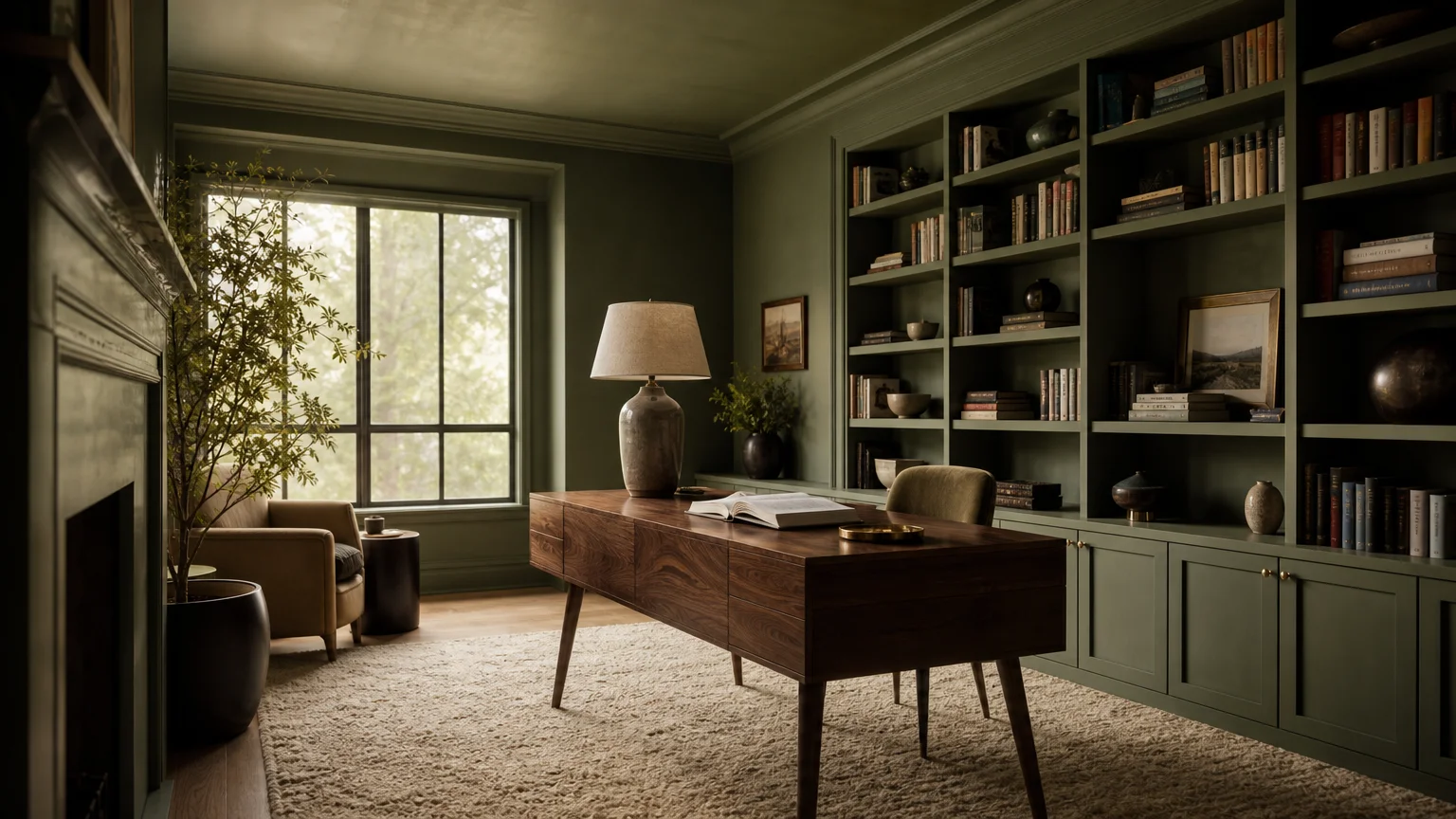 A sophisticated room with muted sage green walls and ceiling, showing a cohesive, monochromatic design with a walnut desk and soft lighting.