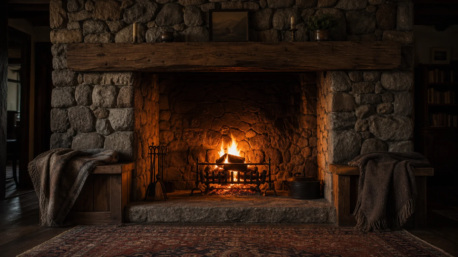 A stone fireplace inside an intimate inglenook with wooden benches and a warm glowing fire.