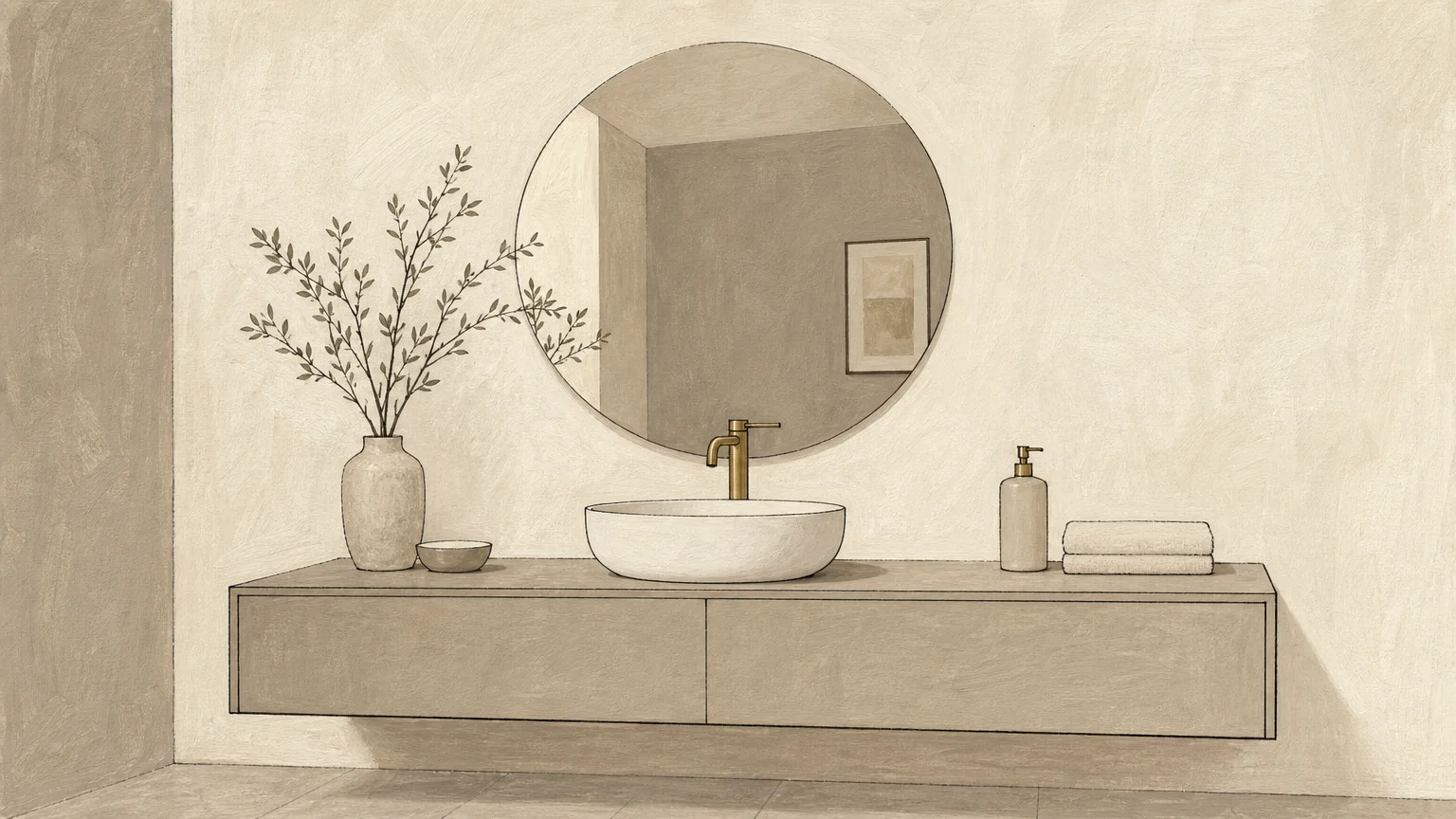 A stylized gouache illustration of a minimalist bathroom vanity in a seamless, monochromatic greige and ivory palette.