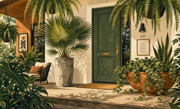 A stylized gouache illustration of a modern home porch styled with a majesty palm, cascading ivy, and hanging ferns.