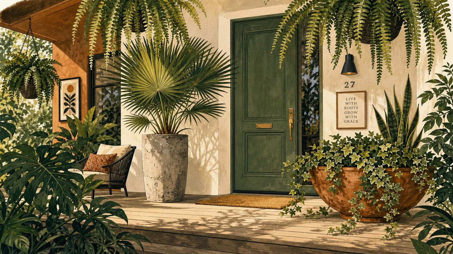 A stylized gouache illustration of a modern home porch styled with a majesty palm, cascading ivy, and hanging ferns.