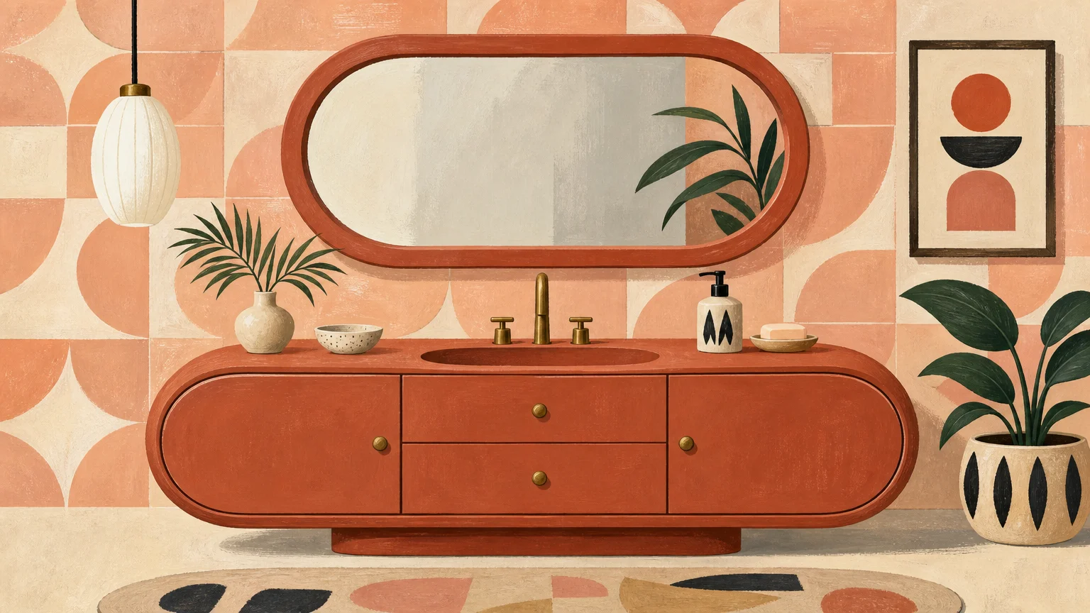 A stylized gouache illustration of a rounded, capsule-shaped vanity in terracotta and peach tones.